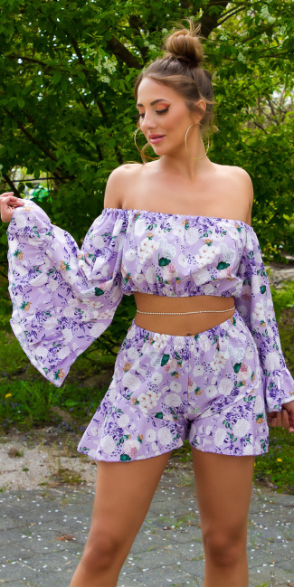 Floral Carmen Cropped Top Lilac
